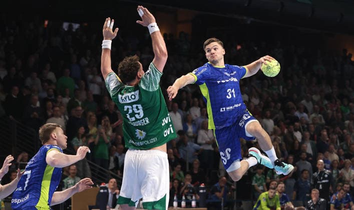 Lukas Herburger, Kay Smits scores a goal duel Match scene Action Sport Handball HBL Bundesliga Men 29 Matchday Season 2025 2026 23 04 2026 Füchse Berlin vs VfL Gummersbach