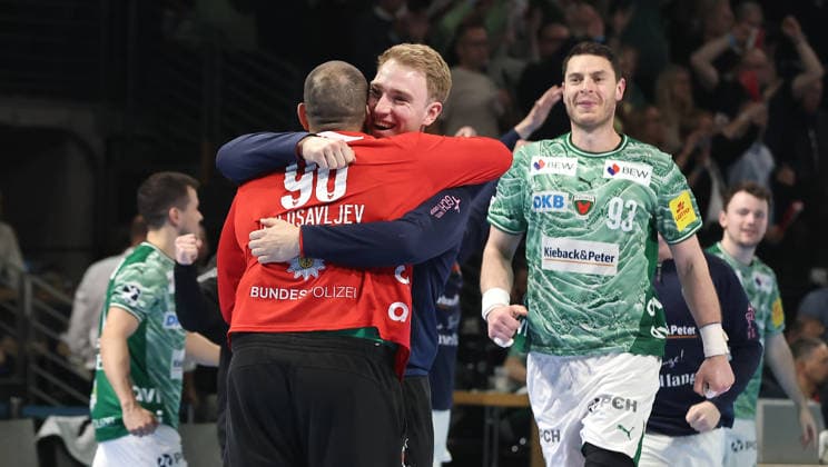 Goalkeeper Dejan Milosavljev, goalkeeper Lasse Ludwig, Füchse team cheers after the end of the match Joy Emotion Cheering Sport Handball HBL Bundesliga Men 29 Matchday Season 2025 2026 23 04 2026 Füchse Berlin vs VfL Gummersbach