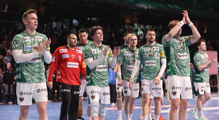2 v l Goalkeeper Dejan Milosavljev, Füchse team cheers after the end of the match Joy Emotion Cheering Sport Handball HBL Bundesliga Men 29 Matchday Season 2025 2026 23 04 2026 Füchse Berlin vs VfL Gummersbach