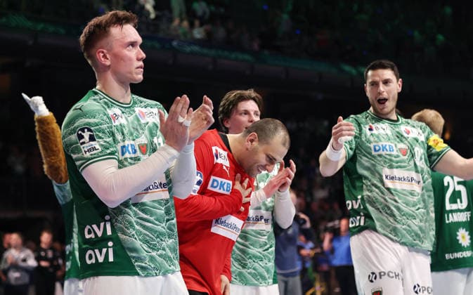2 v l Goalkeeper Dejan Milosavljev, Füchse team cheers after the end of the match Joy Emotion Cheering Sport Handball HBL Bundesliga Men 29 Matchday Season 2025 2026 23 04 2026 Füchse Berlin vs VfL Gummersbach