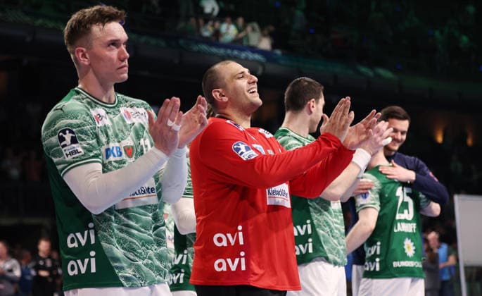 2 v l Goalkeeper Dejan Milosavljev, Füchse team cheers after the end of the match Joy Emotion Cheering Sport Handball HBL Bundesliga Men 29 Matchday Season 2025 2026 23 04 2026 Füchse Berlin vs VfL Gummersbach