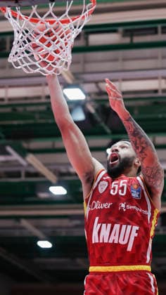 In the picture David Muenkat Wuerzburg Baskets, 55 with the basketball 23 04 2026, Basketball, Fitness First Wuerzburg Baskets vs FC Bayern Muenchen Basketball, easyCredit BBL, 26 Matchday, Germany, 97072, tectake Arena Wuerzburg, Copyright: HMBxMedia xJulienxBecker