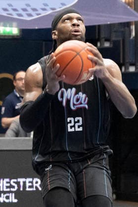 ENBL Final Four 2025 2026 Manchester Basketball vs Dziki Warszawa Final Weissenfels, Germany April 23, 2026 In the picture Oluwaseyi Adetukasi Manchester Weissenfels Stadthalle Weissenfels Sachsen Anhalt Germany