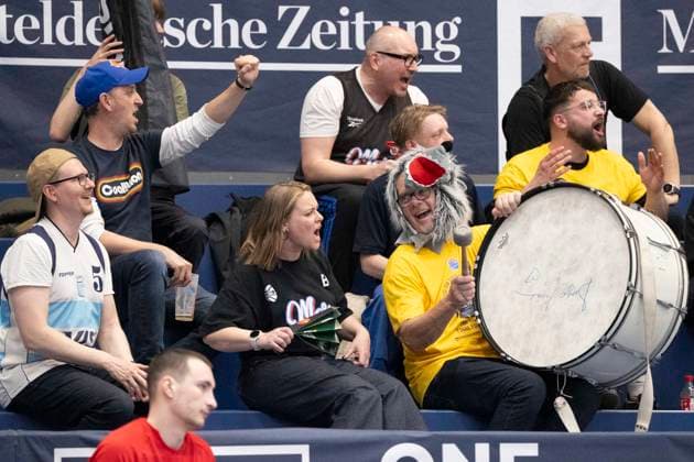 ENBL Final Four 2025 2026 Manchester Basketball vs Dziki Warszawa Final Weissenfels, Germany April 23, 2026 In the picture Fanblock Manchester Weissenfels Stadthalle Weissenfels Sachsen Anhalt Germany