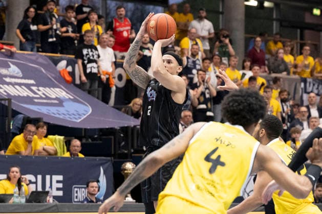 ENBL Final Four 2025 2026 Manchester Basketball vs Dziki Warszawa Final Weissenfels, Germany April 23, 2026 In the picture Max Jones Manchester Weissenfels Stadthalle Weissenfels Sachsen Anhalt Germany