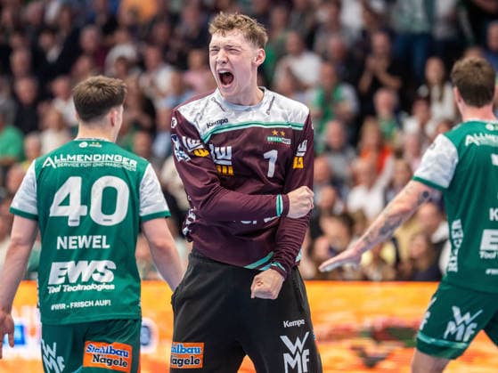 Julian Buchele Frisch Auf Goeppingen, 01 jubelt, Frisch Auf Goeppingen vs Rhein Neckar Loewen, Handball, 1 Bundesliga, Men, Season 2025 2026, 23 04 2026, Frisch Auf Goeppingen vs Rhein Neckar Loewen, Handball, 1 Bundesliga, Men, Season 2025 2026, 23 04 2026 Goeppingen Copyright: xEibner-Pressefoto MichaelxSchmidx EP_MST