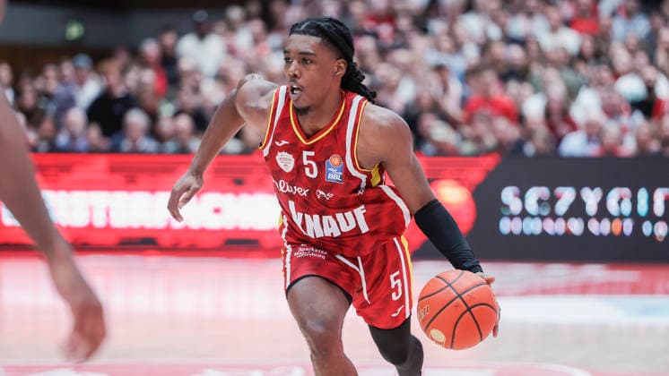 In the picture Marcus Carr Wuerzburg Baskets, 5 on the ball 23 04 2026, Basketball, Fitness First Wuerzburg Baskets vs FC Bayern Muenchen Basketball, easyCredit BBL, 26 Matchday, Germany, 97072, tectake Arena Wuerzburg, Copyright: HMBxMedia xJulienxBecker