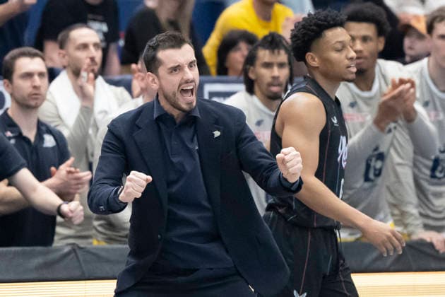 ENBL Final Four 2025 2026 Manchester Basketball vs Dziki Warszawa Final Weissenfels, Germany April 23, 2026 In the picture Marco Legowitsch Warsaw Cheers, joy, emotion Weissenfels Stadthalle Weissenfels Saxony Anhalt Germany