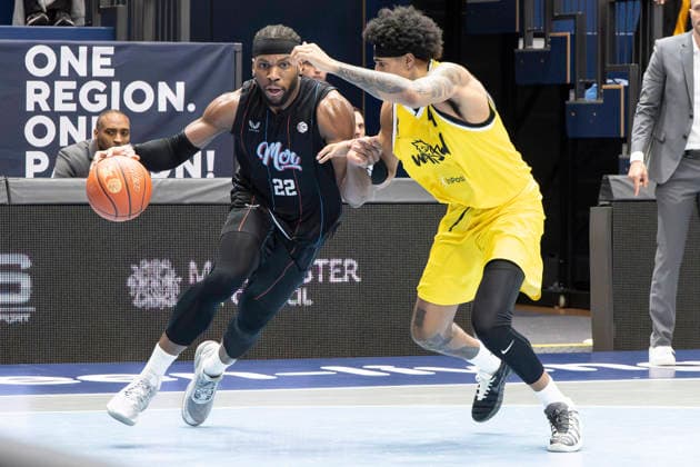 ENBL Final Four 2025 2026 Manchester Basketball vs Dziki Warszawa Final Weissenfels, Germany April 23, 2026 In the picture from left in the duel Oluwaseyi Adetukasi Manchester and Rivaldo Soares Warsaw Weissenfels Stadthalle Weissenfels Saxony Anhalt Germany