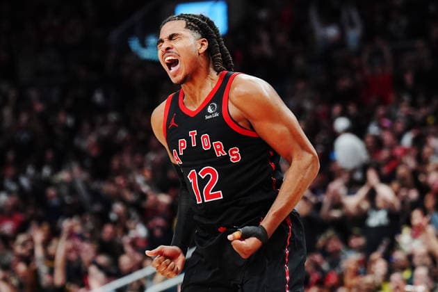 April 23, 2026, Toronto, On, Canada: Toronto Raptors Collin Murray-Boyles (12) celebrates a basket against the Cleveland Cavaliers during second half NBA, Basketball Herren, USA playoff basketball action in Toronto on Thursday, April 23, 2026. Canada News - April 23, 2026  - ZUMAc35_ 20260423_zaf_c35_139 Copyright: xFrankxGunnx