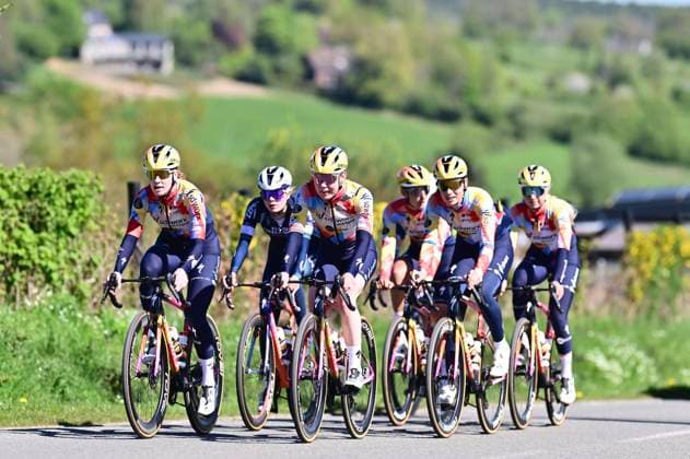Liege Bastogne Liege 2026 Cycling Race Media Activities 24 04 2026 LIEGE, BELGIUM - APRIL 24 : team SD Worx - Protime riding during a training and reconnaissance session ahead of the 112th edition of Liege Bastogne Liege an UCI World Tour 1.UWT one day cycling road race for Men Elite of 260 km with start in Liege and finish in Liege on April 24, 2026 in Liege, Belgium, 24 04 2026 ( Motordriver Guy De Vuyst - Liege Belgium  Copyright: xPeterxDexVoechtx