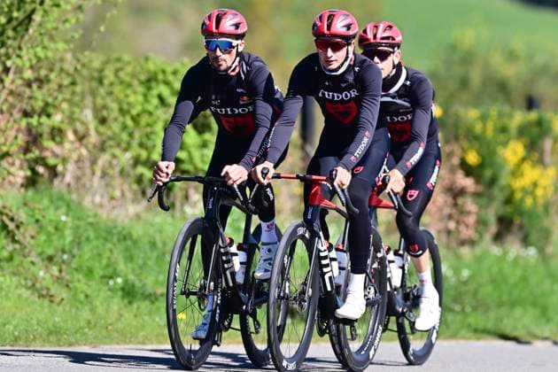 Liege Bastogne Liege 2026 Cycling Race Media Activities 24 04 2026 LIEGE, BELGIUM - APRIL 24 : Alaphilippe Julian (FRA) of Tudor Pro Cycling Team and teammates riding during a training and reconnaissance session ahead of the 112th edition of Liege Bastogne Liege an UCI World Tour 1.UWT one day cycling road race for Men Elite of 260 km with start in Liege and finish in Liege on April 24, 2026 in Liege, Belgium, 24 04 2026 ( Motordriver Guy De Vuyst - Liege Belgium  Copyright: xPeterxDexVoechtx
