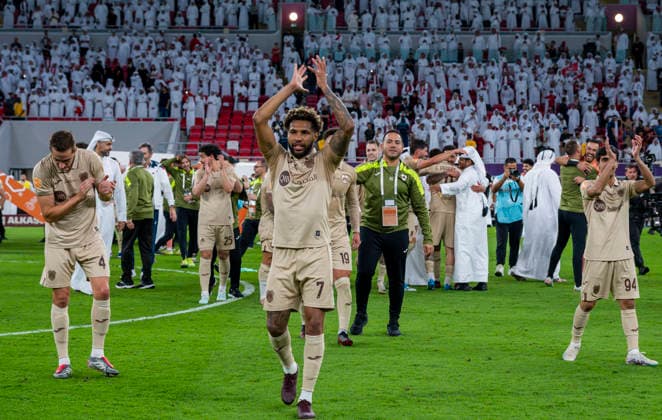 Al Rayyan SC vs Al-Shabab SC AGCFF Gulf Club Champions League Final Al Rayyan SC players celebrate after winning the AGCFF Gulf Club Champions League Final football match between QatarÕs Al Rayyan SC and Saudi Arabia s Al-Shabab SC at Ahmad bin Ali Stadium in Al Rayyan, Qatar, on April 23, 2026. DOHA Qatar Copyright: xNOUSHADx