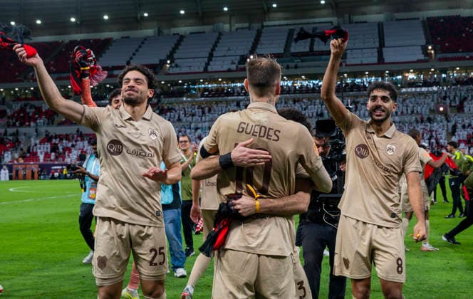 Al Rayyan SC vs Al-Shabab SC AGCFF Gulf Club Champions League Final Al Rayyan SC players celebrate after winning the AGCFF Gulf Club Champions League Final football match between QatarÕs Al Rayyan SC and Saudi Arabia s Al-Shabab SC at Ahmad bin Ali Stadium in Al Rayyan, Qatar, on April 23, 2026. DOHA Qatar Copyright: xNOUSHADxTHEKKAYILx