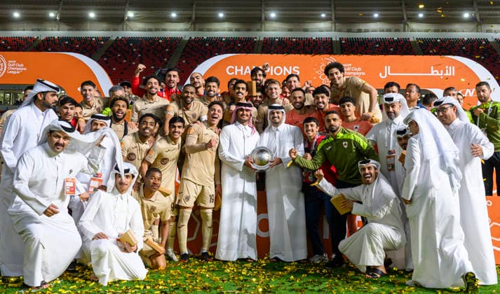 Al Rayyan SC vs Al-Shabab SC AGCFF Gulf Club Champions League Final Al Rayyan SC players celebrate with the trophy after winning the AGCFF Gulf Club Champions League Final football match between QatarÕs Al Rayyan SC and Saudi Arabia s Al-Shabab SC at Ahmad bin Ali Stadium in Al Rayyan, Qatar, on April 23, 2026. DOHA Qatar Copyright: xNOUSHADx