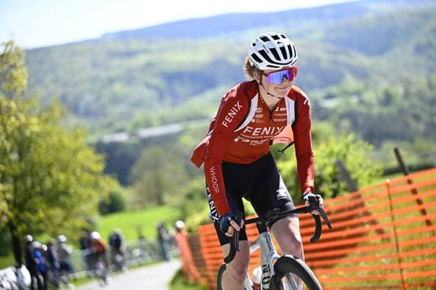 Dutch Puck Pieterse of Fenix-Premier Tech pictured in action during a training and track reconnaissance session, ahead of the Liege-Bastogne-Liege one day cycling race, Friday 24 April 2026. JASPERxJACOBS  x171821117x