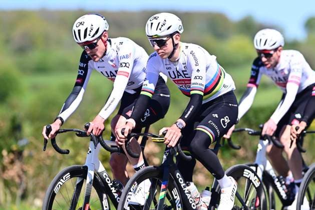 Liege Bastogne Liege 2026 Cycling Race Media Activities 24 04 2026 LIEGE, BELGIUM - APRIL 24 : Pogacar Tadej (SLO) of UAE Team Emirates XRG and teammates riding during a training and reconnaissance session ahead of the 112th edition of Liege Bastogne Liege an UCI World Tour 1.UWT one day cycling road race for Men Elite of 260 km with start in Liege and finish in Liege on April 24, 2026 in Liege, Belgium, 24 04 2026 ( Motordriver Guy De Vuyst - Liege Belgium  Copyright: xPeterxDexVoechtx