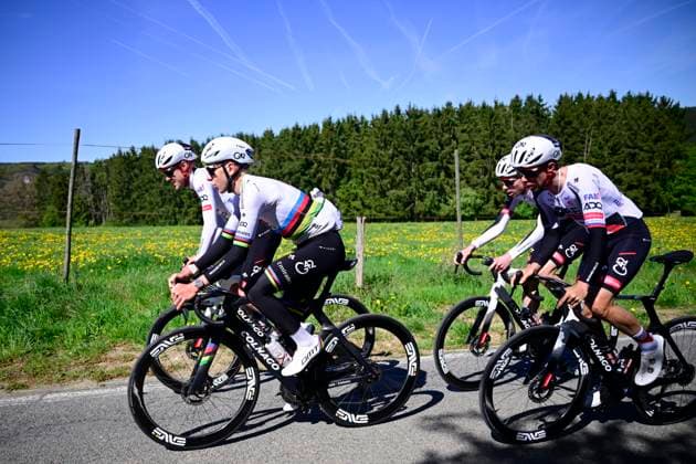 Liege Bastogne Liege 2026 Cycling Race Media Activities 24 04 2026 LIEGE, BELGIUM - APRIL 24 : Pogacar Tadej (SLO) of UAE Team Emirates XRG and teammates riding during a training and reconnaissance session ahead of the 112th edition of Liege Bastogne Liege an UCI World Tour 1.UWT one day cycling road race for Men Elite of 260 km with start in Liege and finish in Liege on April 24, 2026 in Liege, Belgium, 24 04 2026 ( Motordriver Guy De Vuyst - Liege Belgium  Copyright: xPeterxDexVoechtx