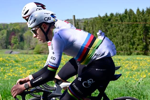 Liege Bastogne Liege 2026 Cycling Race Media Activities 24 04 2026 LIEGE, BELGIUM - APRIL 24 : Pogacar Tadej (SLO) of UAE Team Emirates XRG and teammates riding during a training and reconnaissance session ahead of the 112th edition of Liege Bastogne Liege an UCI World Tour 1.UWT one day cycling road race for Men Elite of 260 km with start in Liege and finish in Liege on April 24, 2026 in Liege, Belgium, 24 04 2026 ( Motordriver Guy De Vuyst - Liege Belgium  Copyright: xPeterxDexVoechtx