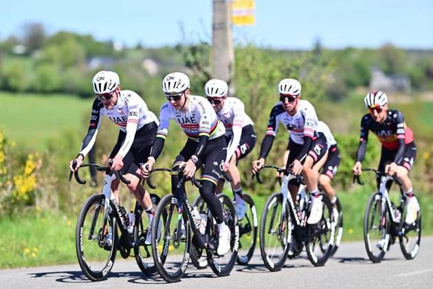 Liege Bastogne Liege 2026 Cycling Race Media Activities 24 04 2026 LIEGE, BELGIUM - APRIL 24 : Pogacar Tadej (SLO) of UAE Team Emirates XRG and teammates riding during a training and reconnaissance session ahead of the 112th edition of Liege Bastogne Liege an UCI World Tour 1.UWT one day cycling road race for Men Elite of 260 km with start in Liege and finish in Liege on April 24, 2026 in Liege, Belgium, 24 04 2026 ( Motordriver Guy De Vuyst - Liege Belgium  Copyright: xPeterxDexVoechtx