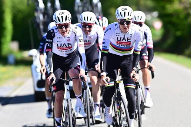 Liege Bastogne Liege 2026 Cycling Race Media Activities 24 04 2026 LIEGE, BELGIUM - APRIL 24 : Pogacar Tadej (SLO) of UAE Team Emirates XRG and teammates riding during a training and reconnaissance session ahead of the 112th edition of Liege Bastogne Liege an UCI World Tour 1.UWT one day cycling road race for Men Elite of 260 km with start in Liege and finish in Liege on April 24, 2026 in Liege, Belgium, 24 04 2026 ( Motordriver Guy De Vuyst - Liege Belgium  Copyright: xPeterxDexVoechtx
