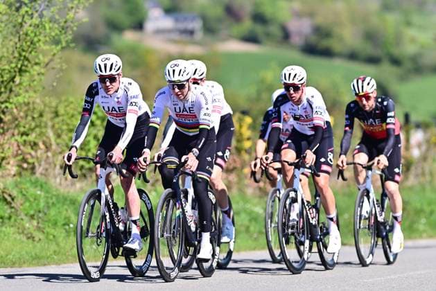 Liege Bastogne Liege 2026 Cycling Race Media Activities 24 04 2026 LIEGE, BELGIUM - APRIL 24 : Pogacar Tadej (SLO) of UAE Team Emirates XRG and teammates riding during a training and reconnaissance session ahead of the 112th edition of Liege Bastogne Liege an UCI World Tour 1.UWT one day cycling road race for Men Elite of 260 km with start in Liege and finish in Liege on April 24, 2026 in Liege, Belgium, 24 04 2026 ( Motordriver Guy De Vuyst - Liege Belgium  Copyright: xPeterxDexVoechtx