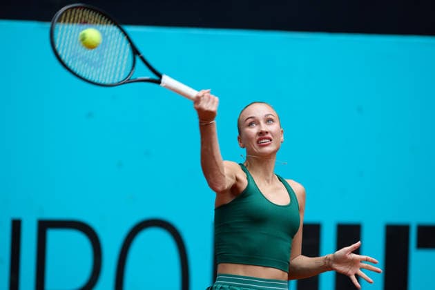 (260424) -- MADRID, April 24, 2026 -- Anastasia Potapova hits a return during the women s singles round of 64 match between Zhang Shuai of China and Anastasia Potapova of Austria at the 2026 Madrid Open tennis tournament in Madrid, Spain, on April 24, 2026. ) (SP)SPAIN-MADRID-TENNIS-MADRID OPEN-WOMEN S SINGLES MengxDingbo 