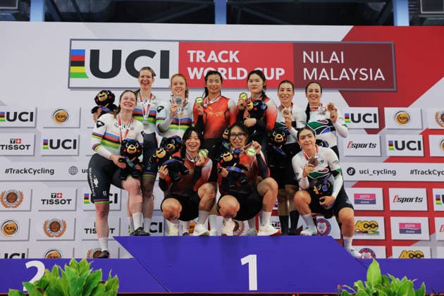 UCI Track World Cup: Nilai Picture by Alex Whitehead SWpix.com - 24 04 2026 - Cycling - UCI Track World Cup: Nilai - Velodrom Nasional Malaysia, Nilai, Malaysia - Women™s Team Sprint - Xuehuang Luo (China), Liying Yuan (China), Yuxuan Zhu (China), Lijuan Wang (China) receiving the Gold Medal, Kimberly Kalee (Netherlands), Hetty van de Wouw (Netherlands), Steffie van der Peet (Netherlands) receiving the Silver Medal and Maria Jose Vizcaino Garcia (Mexico), Yuli Paola Verdugo Osuna (Mexico), Luz Daniela Gaxiola Gonzalez (Mexico) receiving the Bronze Medal Nilai Velodrom Nasional Malaysia Malaysia Copyright: x xSWpix.comx(t axPhotographyxHubxLtd)xAlexxWhitehead SWpix.comx SWP-3030-13089