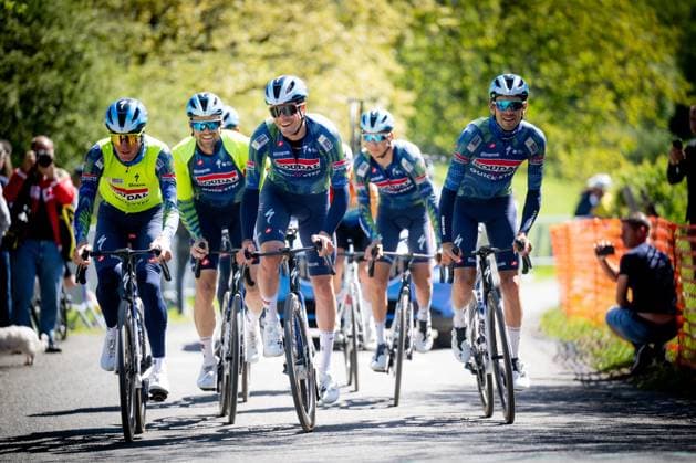 Soudal Quick-Step riders pictured in action during a training and track reconnaissance session, ahead of the Liege-Bastogne-Liege one day cycling race, Friday 24 April 2026. JASPERxJACOBS  x171837566x