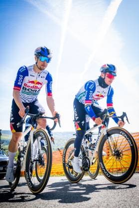 Slovenian Jan Tratnik of Red Bull-BORA-hansgrohe and Belgian Remco Evenepoel of Red Bull-BORA-hansgrohe pictured in action during a training and track reconnaissance session, ahead of the Liege-Bastogne-Liege one day cycling race, Friday 24 April 2026. JASPERxJACOBS  x171838100x