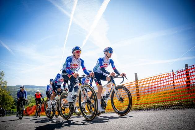 Belgian Maxim Van Gils of Red Bull-BORA-hansgrohe pictured in action during a training and track reconnaissance session, ahead of the Liege-Bastogne-Liege one day cycling race, Friday 24 April 2026. JASPERxJACOBS  x171838190x