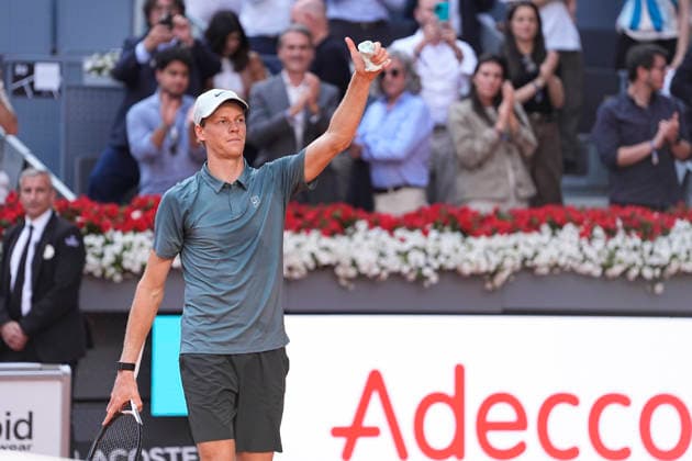 April 24, 2026, Madrid, Madrid, Spain: Jannik Sinner of Italy reacts after winning against Benjamin Bonzi of France during the Mutua Madrid Open 2026, ATP, Tennis Herren Masters 1000 and WTA, Tennis Damen 1000, at La Caja Magica on April 24, 2026 in Madrid, Spain. Mutua Madrid Open 2026 - Day 5  - ZUMAa181 20260424_zaa_a181_353 Copyright: xOscarxJ.xBarrosox