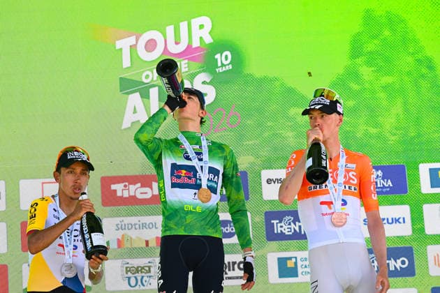 RECORD DATE NOT STATED 24th April 2026; Bolzano, Italy; UCI Cycling, Tour of the Alps: at the final podium PierrexTeyssot