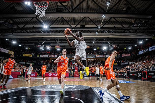 1 Basketball Bundesliga, easyCredit BBL, Season 2025 2026, Men, Main Round, 31 Matchday, 24 04 2026, RASTA Vechta Löwen Braunschweig Oluwasimisola Shittu 45 Basketball Löwen Braunschweig at the Korbleger Vechta RASTA Dome Niedersachsen Germany
