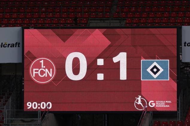 24 04 2026 Soccer Season 2025 2026 1 Women Soccer Bundesliga 23 Matchday 1 FC Nürnberg FCN Club Hamburger SV HSV Sportfoto Zink DaMa xdaxmax Scoreboard with final score 0 1 for HSV