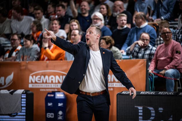 1 Basketball Bundesliga, easyCredit BBL, Season 2025 2026, Men, Main Round, Matchday 31, 24 04 2026, RASTA Vechta Löwen Braunschweig Christian Held Head Coach RASTA Vechta during the game Vechta RASTA Dome Lower Saxony Germany