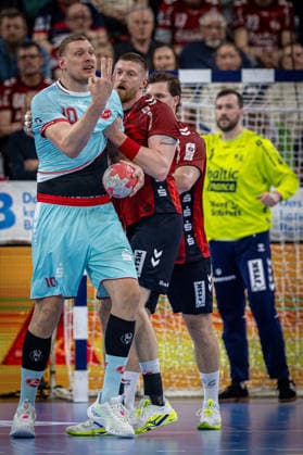 DAIKIN HBL SG Flensburg Handewitt vs MT Melsungen 24 04 26 Dainis Kristopans Nr 10, MT Melsungen gestures DAIKIN HBL SG Flensburg Handewitt vs MT Melsungen, GP JOULE Arena on 24 04 26 Copyright: xBEAUTIFULxSPORTS MarioxM.xKobergx