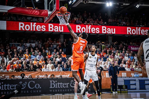 1 Basketball Bundesliga, easyCredit BBL, Season 2025 2026, Men, Main Round, 31 Matchday, 24 04 2026, RASTA Vechta Löwen Braunschweig TJ Bamba 5 RASTA Vechta at Korbleger Vechta RASTA Dome Niedersachsen Germany