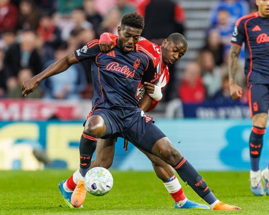 24th April 2026; Stadium of Light, Sunderland, England; Premier League Football, Sunderland versus Nottingham Forest; Habib Diarra of Sunderland battles with Ibrahim Sangare of Nottingham Forest WMxSportsxMedia