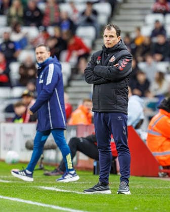 24th April 2026; Stadium of Light, Sunderland, England; Premier League Football, Sunderland versus Nottingham Forest; Sunderland Manager Regis Le Bris looks dejected WMxSportsxMedia