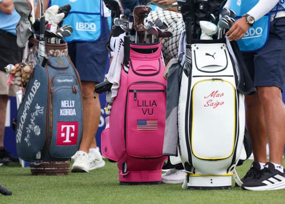 HOUSTON, TX - APRIL 23: Golf bags belonging to (left to right) Nelly Korda (USA), Lilia Vu (USA) and Mao Saigo (JPN) (not pictured) on 10 tee during the first round of The Chevron Championship on April 23, 2026 at Memorial Park Golf Course in Houston, Texas. (Photo by Leslie Plaza Johnson Icon Sportswire) GOLF: APR 23 LPGA, Golf Damen The Chevron Championship EDITORIAL USE ONLY Icon2604230121