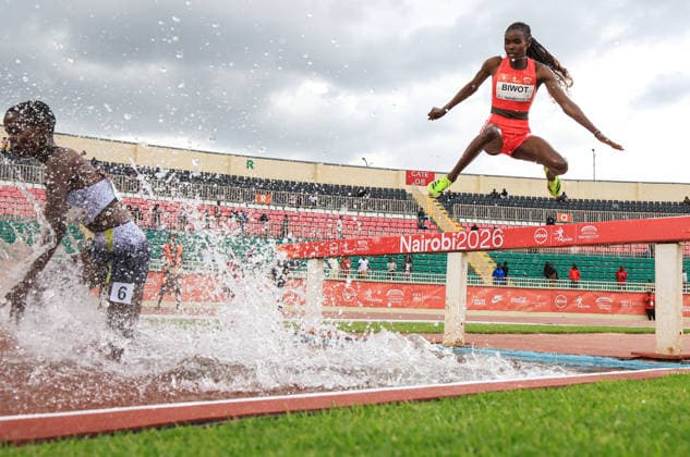 2026 Kip Keino Classic in Kenya NAIROBI, KENYA - APRIL 24: Joyce Biwott (right) competes in the women’s 3000m steeplechase during the seventh leg of the World Athletics Continental Tour Gold meeting, Kip Keino Classic, on April 24, 2026, in Nairobi, Kenya. Lucas Mukasa Anadolu Nairobi Kenya. Editorial use only. Please get in touch for any other usage.  Copyright: x2026xAnadoluxLucasxMukasax