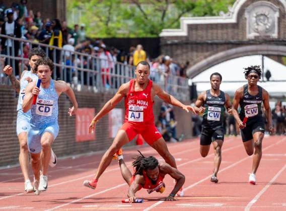 April 24, 2026, Philadelphia, Pennsylvania, United States: Runners from Columbia (CD) UWI Mona (AJ) and Binghamton (CW) colleges compete in the CM 4x100 heats at the Penn Relays track and field meet held at Franklin Field in Philadelphia PA Philadelphia United States - ZUMArf1_ 20260424_zaf_rf1_011 Copyright: xRickyxFitchettx