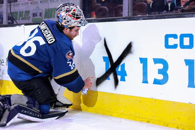 CLEVELAND, OH - APRIL 24: Cleveland Monsters goaltender Zach Sawchenko (36) crosses a game off on the Countdown to the Calder Cup following the American Hockey League North Division Semifinals game between the Syracuse Crunch and Cleveland Monsters on April 24, 2026, at Rocket Arena in Cleveland, OH. (Photo by Frank Jansky Icon Sportswire) AHL: APR 24 Syracuse Crunch at Cleveland Monsters EDITORIAL USE ONLY Icon26042401