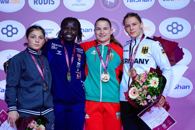 Senior Wrestling European Championships 2026 Podium 62kg WW - Gold: Grace Jacob Bullen (NOR), Silver: Amina Tandelova (UWW), Bronze: Bilyana Zhivkova Dudova (BUL), Naemi Leistner (GER) *** Senior Wrestling European Championships 2026 Podium 62kg WW Gold Grace Jacob Bullen NOR , Silver Amina Tandelova UWW , Bronze Bilyana Zhivkova Dudova BUL , Naemi Leistner GER Copyright: xKostadinxAndonovx xUnitedxWorldxWrestlingx Kostadin Andonov United World Wrestling