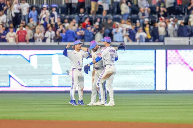 APR 24, 2026: Kansas City Royals outfielder Isaac Collins (1), Kansas City Royals center fielder Kyle Isbel (28) and Kansas City Royals outfielder Lane Thomas (15) celebrates in the outfield after a win against the Los Angeles Angels at Kauffman Stadium in Kansas City, MO. CSM MLB, Baseball Herren, USA 2026: Angels Vs Royals April 24th  - ZUMAc04_ 20260425_zma_c04_015 Copyright: xRomanxPunox