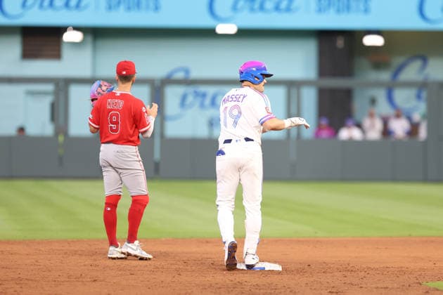 MLB, Baseball Herren, USA 2026: Angels Vs Royals April 24th APR 24, 2026: Kansas City Royals infielder Michael Massey (19) doubles against the Los Angeles Angels at Kauffman Stadium in Kansas City, MO. Roman Puno CSM (Credit Image: Â Roman Puno Cal Media) Kansas City Missouri United States EDITORIAL USE ONLY Copyright: xx ZUMA-20260425_zma_c04_027.jpg RomanxPunox csmphotothree487874