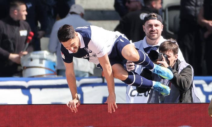 Josip Brekalo cheers after scoring 1 0 Joy Emotion Cheering Sport Soccer Football DFL 2 Bundesliga Men 31 Matchday Season 2025 2026 25 04 2026 Hertha BSC Berlin vs Holstein Kiel KSV DFL regulations prohibit any use of photographs as image sequences and or quasi video