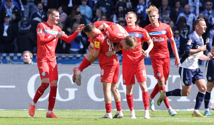 Jonas Therkelsen 10 celebrates after scoring 0 1 with teammates Joy Emotion Cheering Sport Soccer Football DFL 2 Bundesliga Men 31 Matchday Season 2025 2026 25 04 2026 Hertha BSC Berlin vs Holstein Kiel KSV DFL regulations prohibit any use of photographs as image sequences and or quasi video