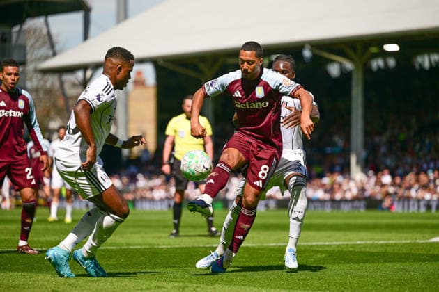Fulham v Aston Villa, Premier League Aston Villa midfielder Youri Tielemans (8) under pressure from Fulham defender Ryan Sessegnon (30) during the Premier League match between Fulham and Aston Villa at Craven Cottage, London, UK on 25 April 2026. London Craven Cottage Greater London UK Editorial use only DataCo restrictions apply See www.football-dataco.com , Copyright: xDennisxGoodwinx PSI-24149-0053